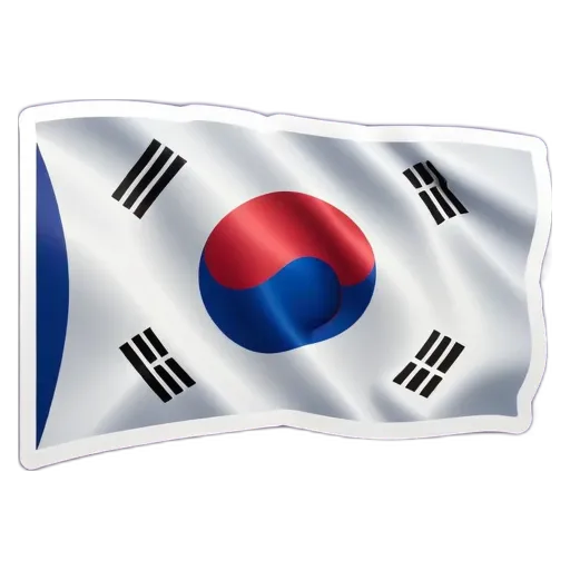 A flag of Korea that is blue, white and red.