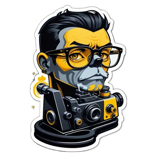 A sticker of a man with a camera that is colorful.