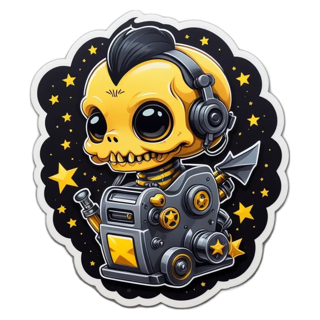 A cartoon yellow skeleton wearing headphones is surrounded by stars.