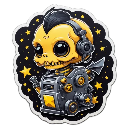 A cartoon yellow skeleton wearing headphones is surrounded by stars.