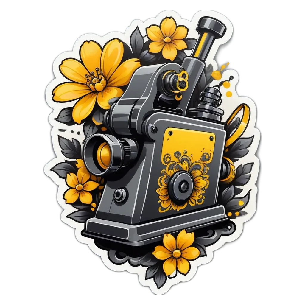 A black and yellow machine with flowers and leaves.