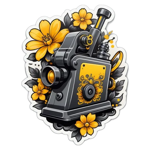 A black and yellow machine with flowers and leaves.
