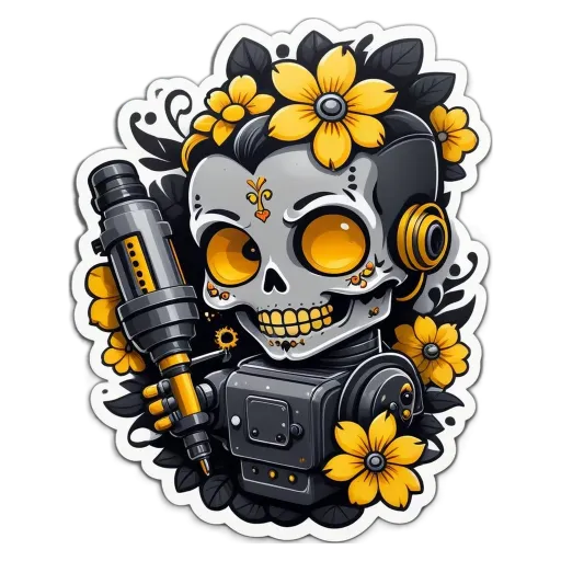 A cartoon depiction of a robot with a skull and flowers for a paintbrush.