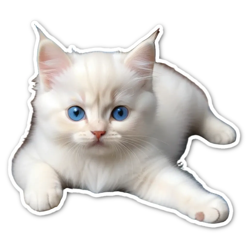 A white kitten with blue eyes lying on a black background.