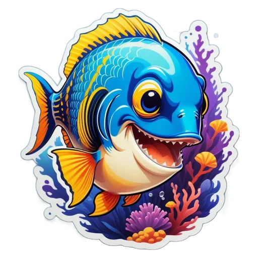 A blue fish with yellow fins and a black mouth.