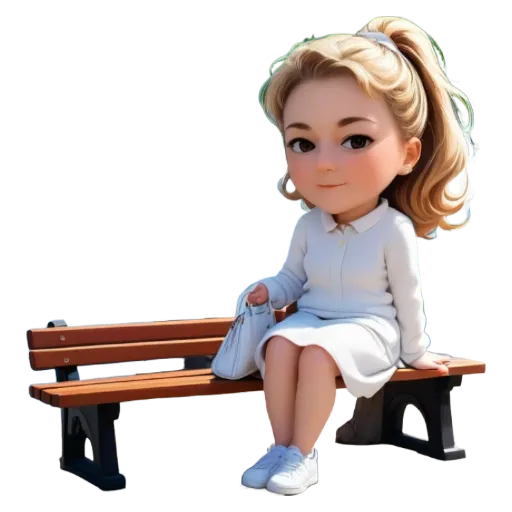 A cartoon girl sitting on a bench holding a purse.