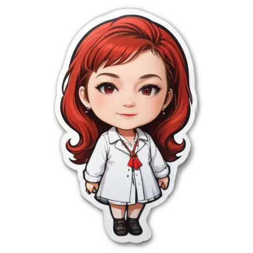 A girl with red hair and white clothes who is a character in a video game.