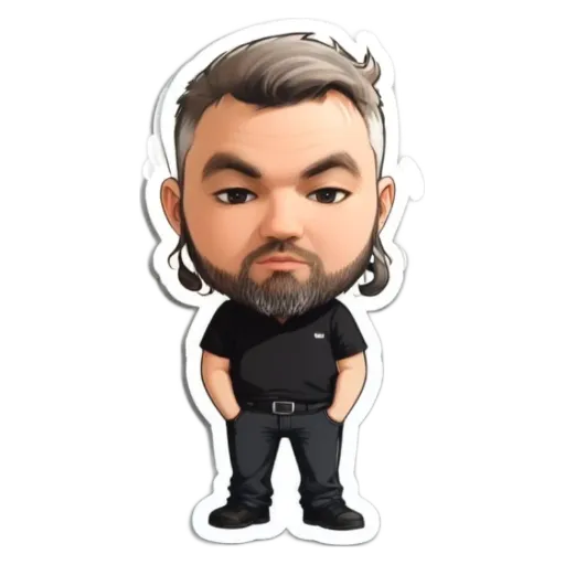 A sticker of a man with a beard and mustache wearing black clothes.