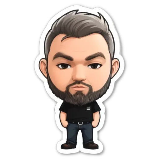 A sticker of a man with a beard and mustache.