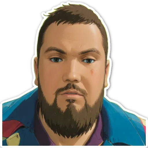 A sticker of a man with a beard and blue jacket.