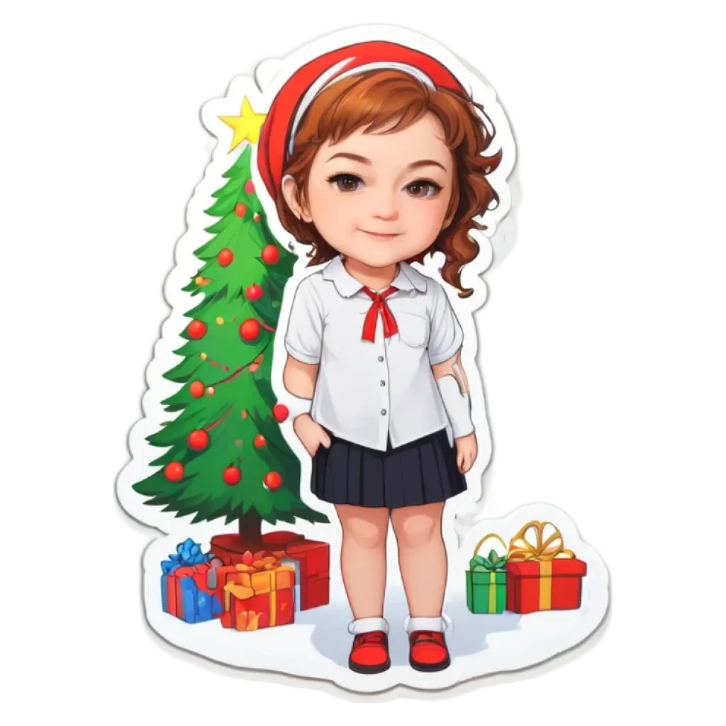A girl is standing in front of a tree with presents.