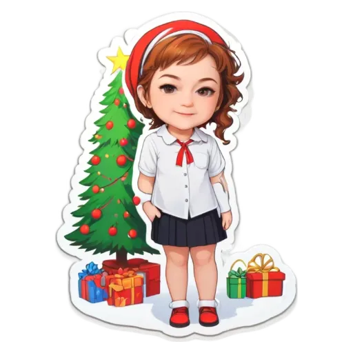 A girl is standing in front of a tree with presents.