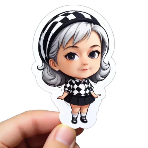 A hand holding a small black and white girl sticker.