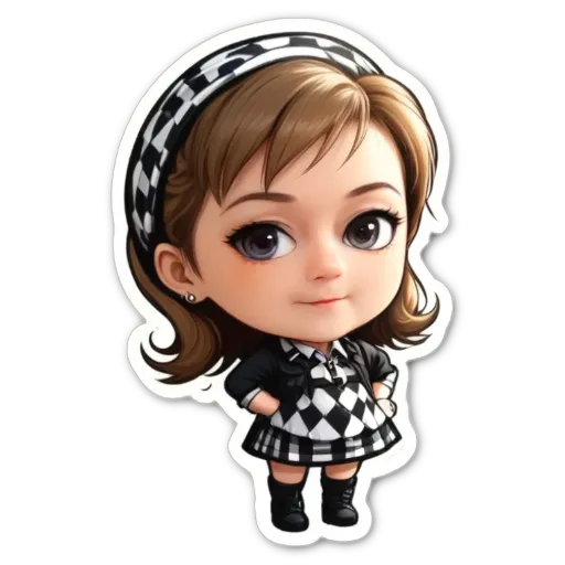 A girl is standing with black and white dress and a checkered skirt.