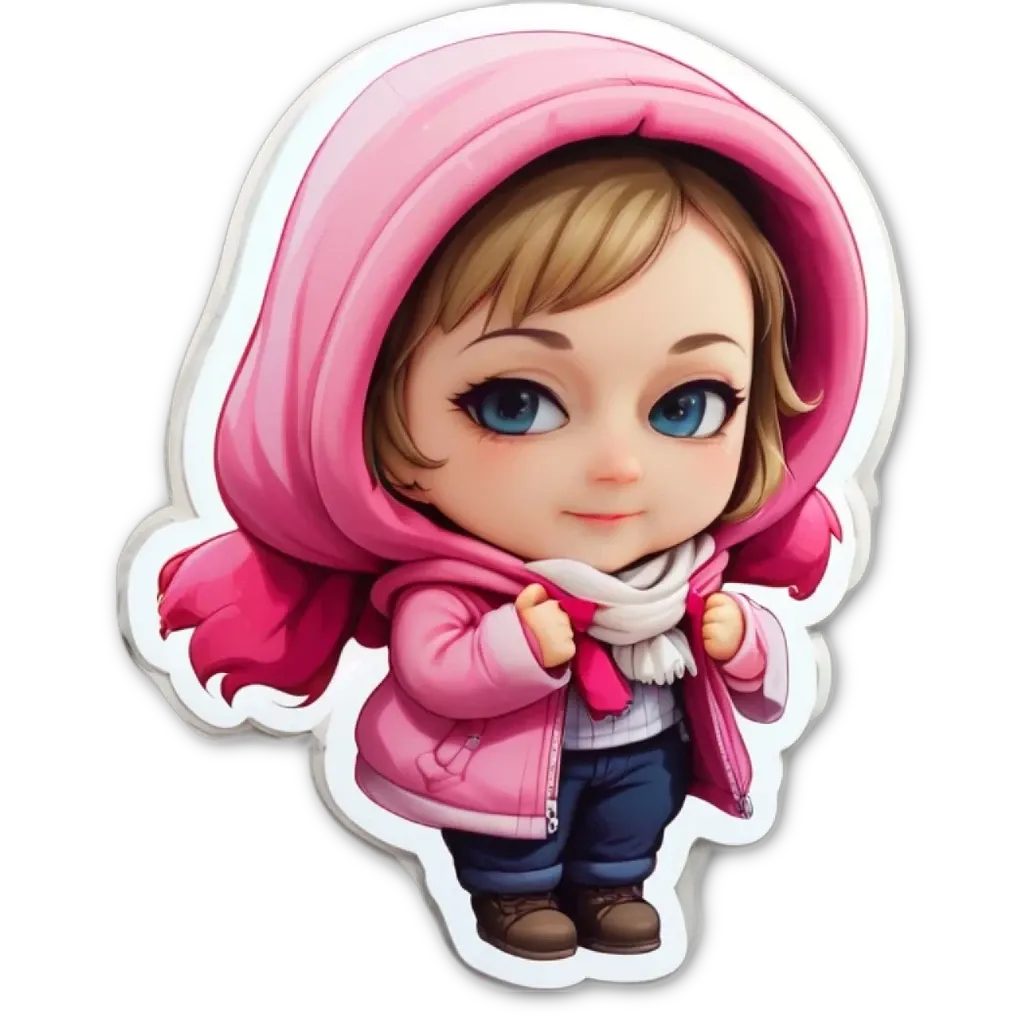 A girl is wearing a pink coat and a pink hood.