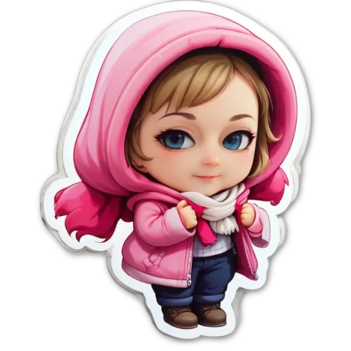 A girl is wearing a pink coat and a pink hood.