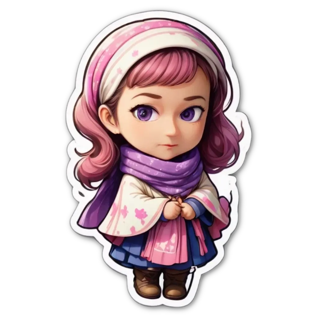 A girl with a purple scarf is standing up.