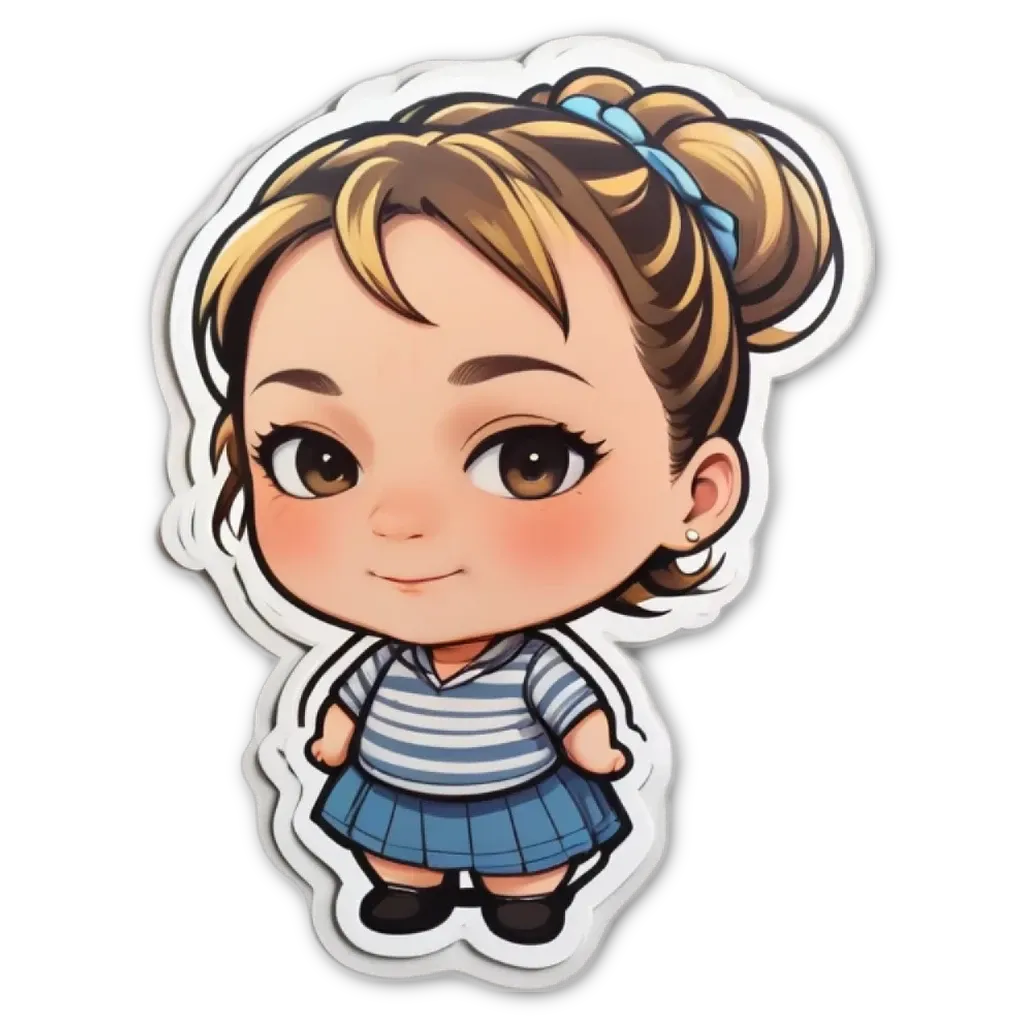 A girl with a striped shirt and blue skirt who is looking at the camera.