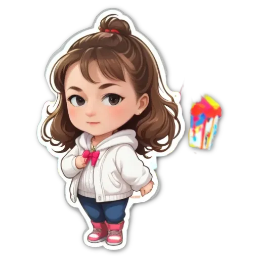 A girl is wearing a white jacket and has a bow in her hair.