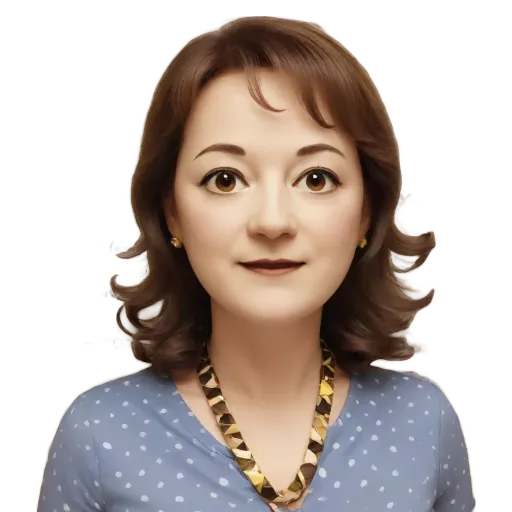 A woman with a blue shirt and white polka dots.