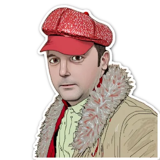 A red hat and fur collar sticker of a man.