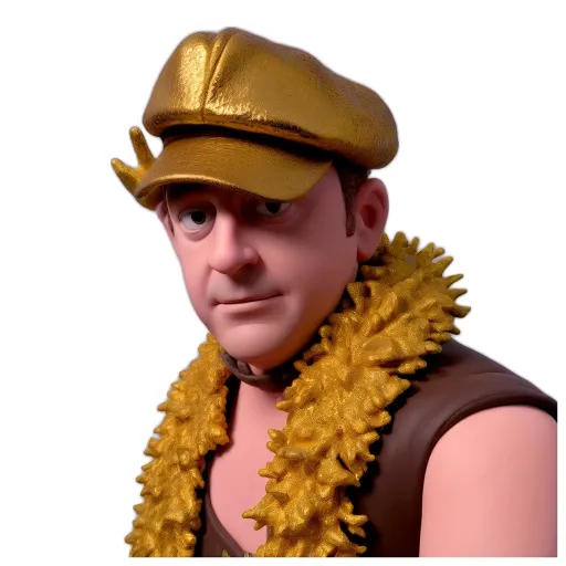 A man wearing a gold colored hat with a feather in it.