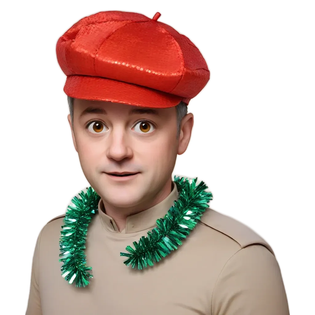A man is wearing a red hat and a green necklace.