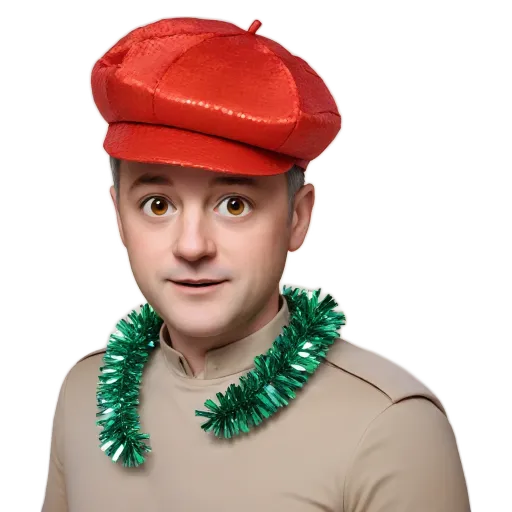 A man is wearing a red hat and a green necklace.