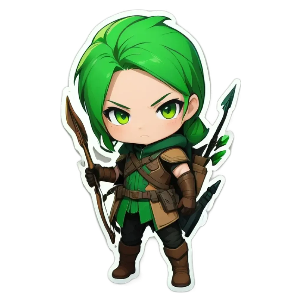 A cartoon picture of a woman with green hair holding a bow and arrows.