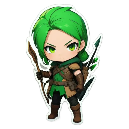 A cartoon picture of a woman with green hair holding a bow and arrows.