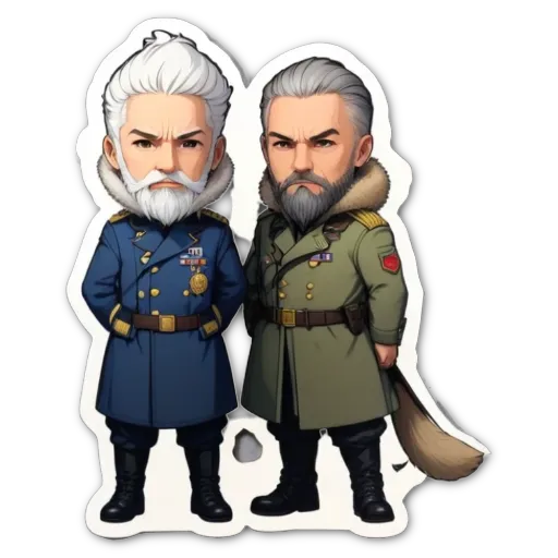 A cartoon depiction of two men with military uniforms, one of which has a bear for a flag.