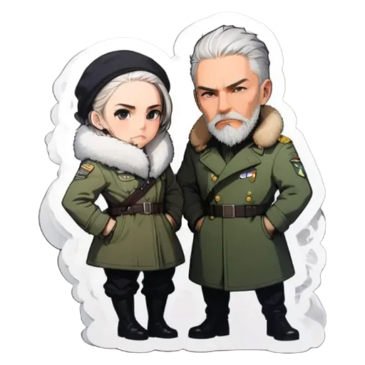 A green and white cartoon military couple holding hands.