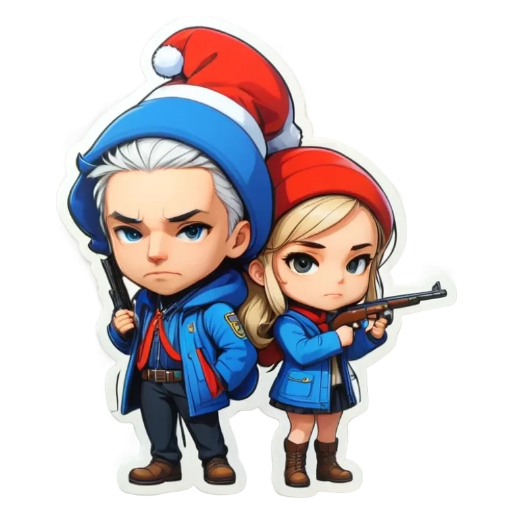 A boy and girl who are a part of a game, the boy is holding a gun.