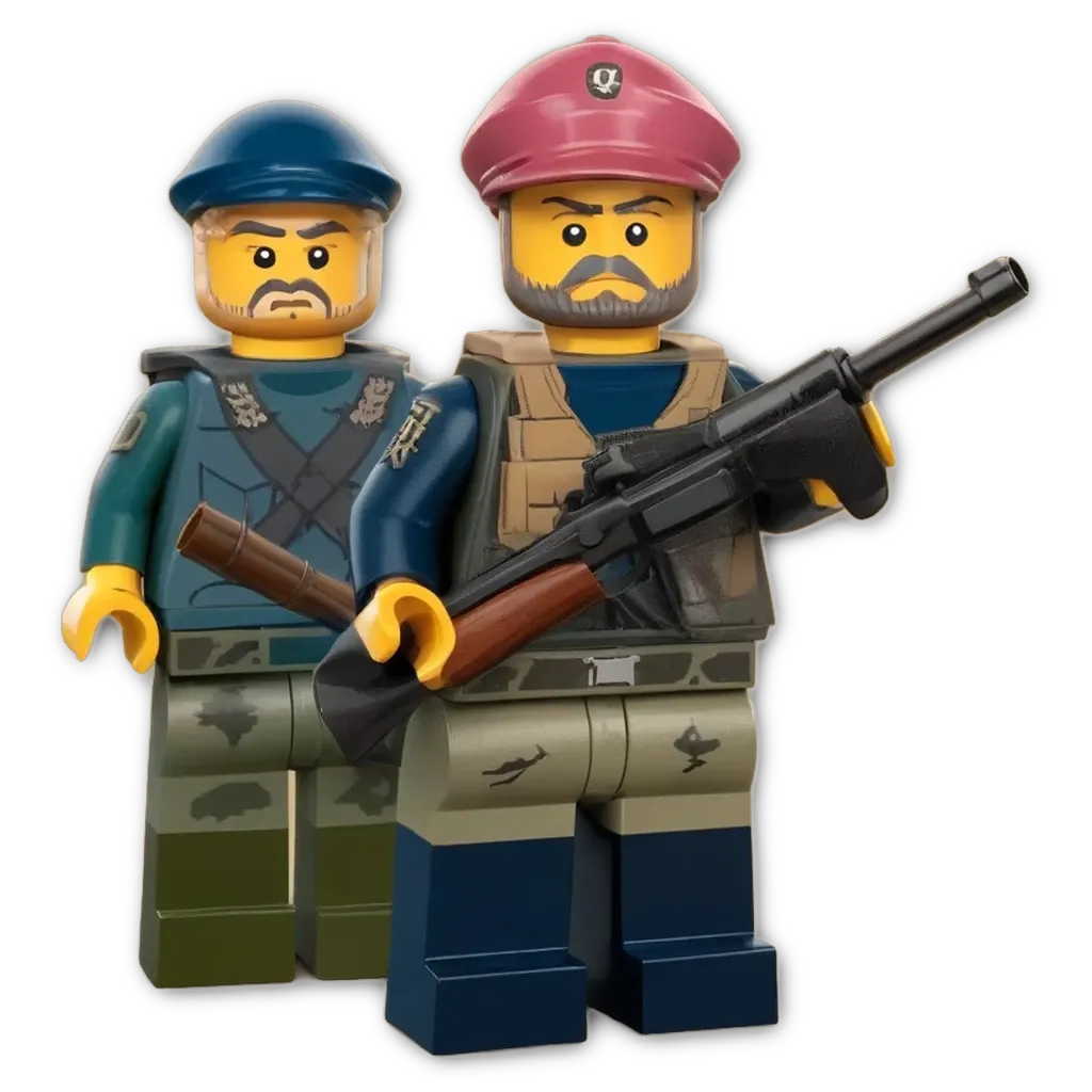 Two legos, one with a rifle, the other with a cross.