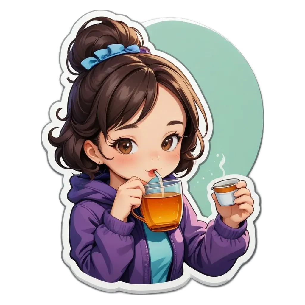 A cartoon girl drinking from a cup.
