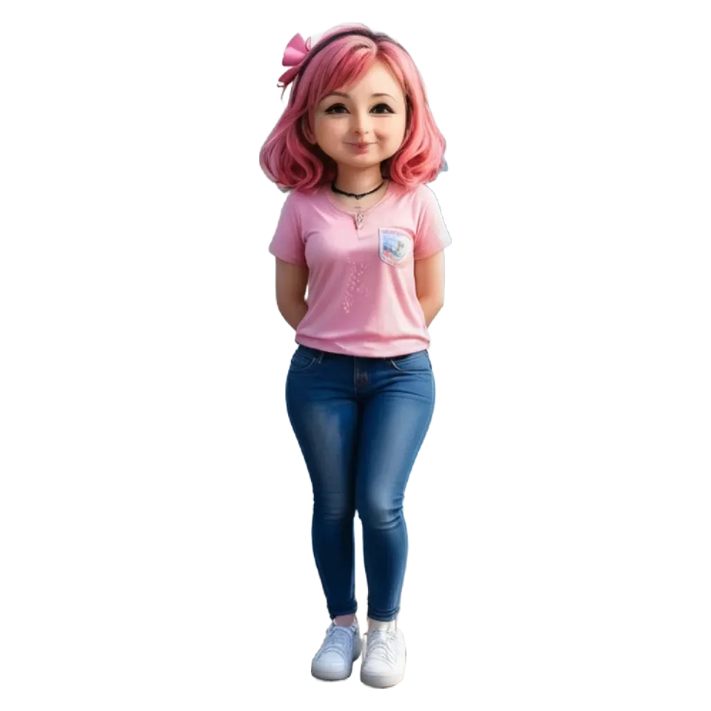 A girl is standing with her hands in her pockets and wearing a pink shirt.