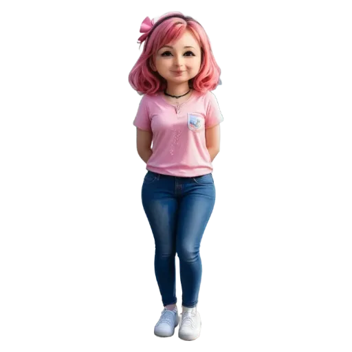 A girl is standing with her hands in her pockets and wearing a pink shirt.