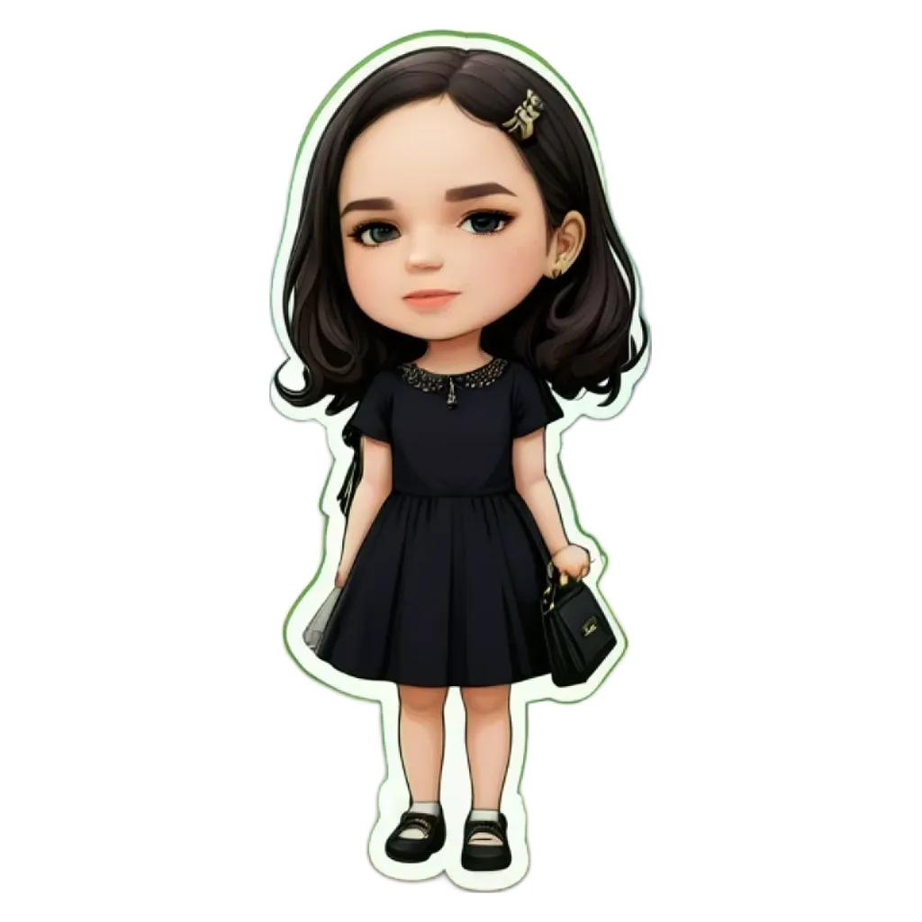 A girl is standing with her hands in her pockets and wearing a black dress.