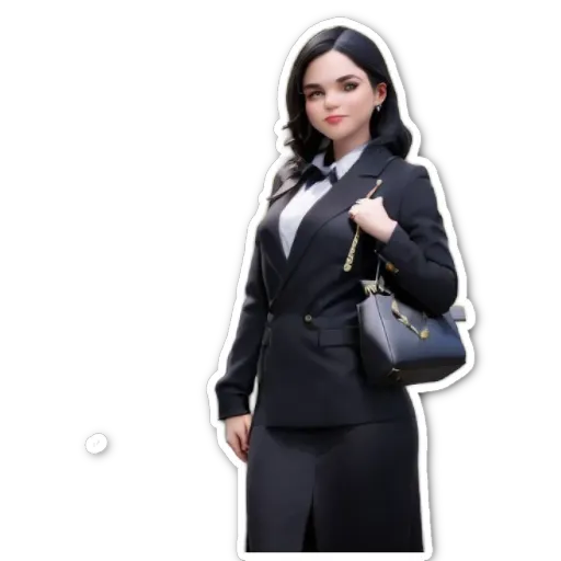 A sticker of a woman in a suit holding a purse.