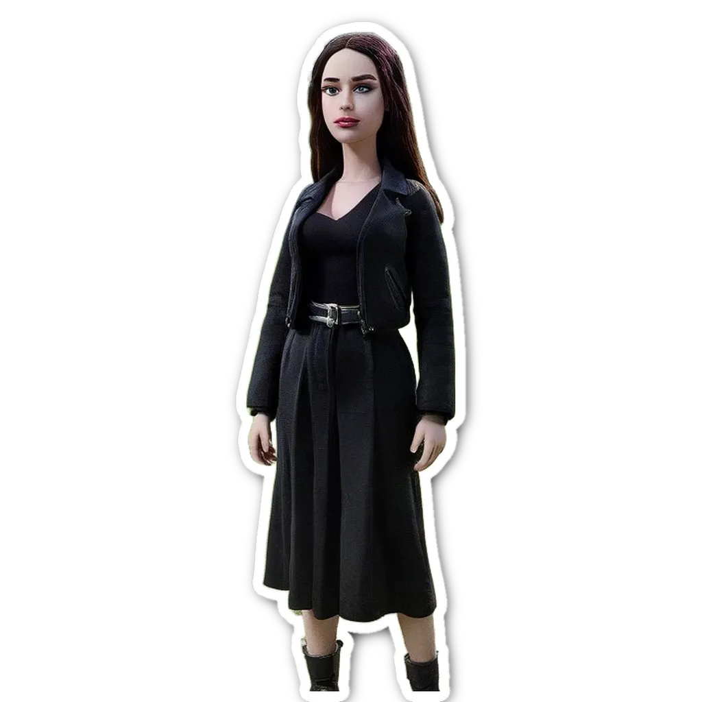 A sticker of a woman with black dress and black belt.