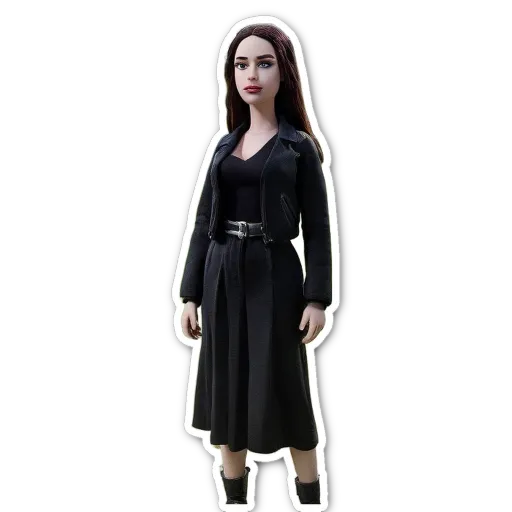 A sticker of a woman with black dress and black belt.