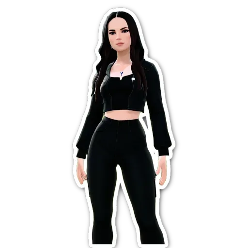 A black and white sticker of a girl wearing black clothes.