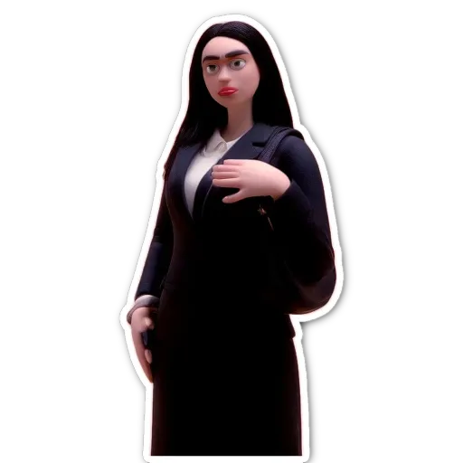 A woman wearing a suit stands in front of a black background.