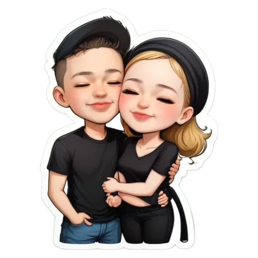 A cartoon picture of a girl and boy hugging.