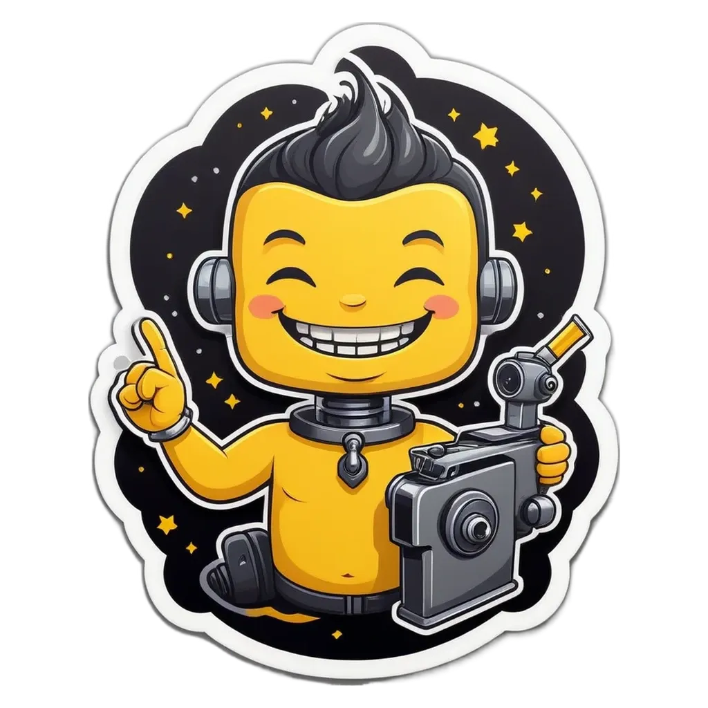 A sticker of a robot with a camera that has the number 1 on it.