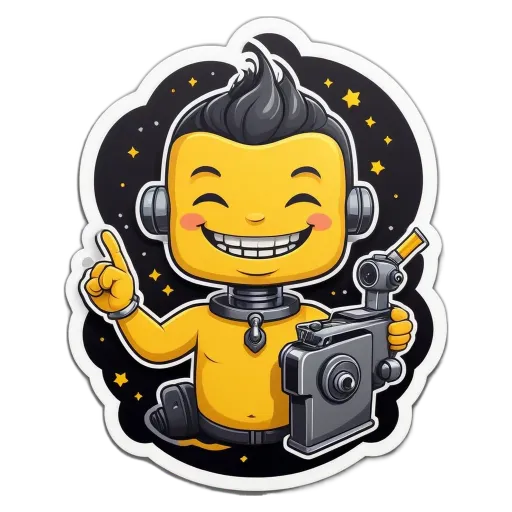 A sticker of a robot with a camera that has the number 1 on it.
