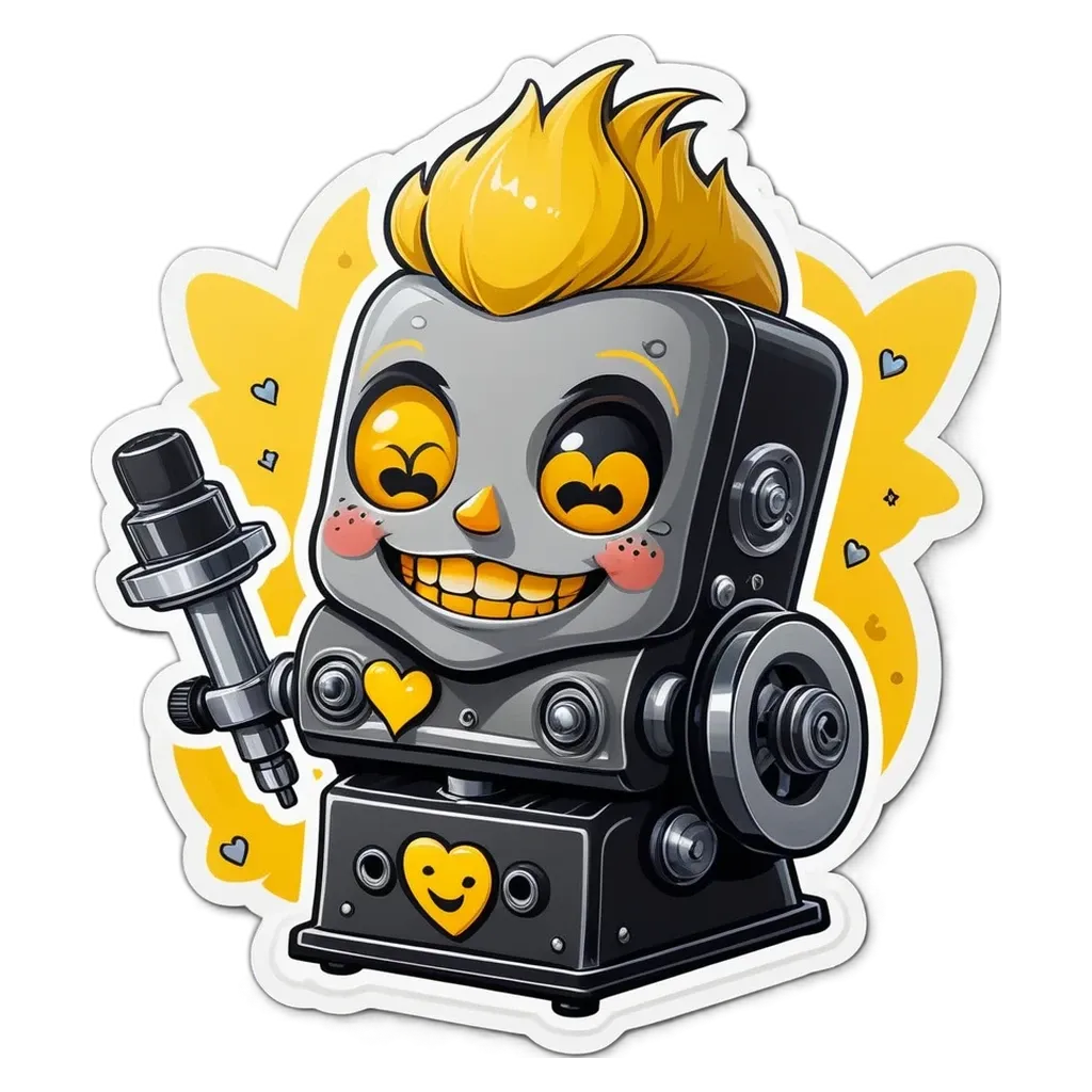 A sticker of a robot with a microphone and a heart.