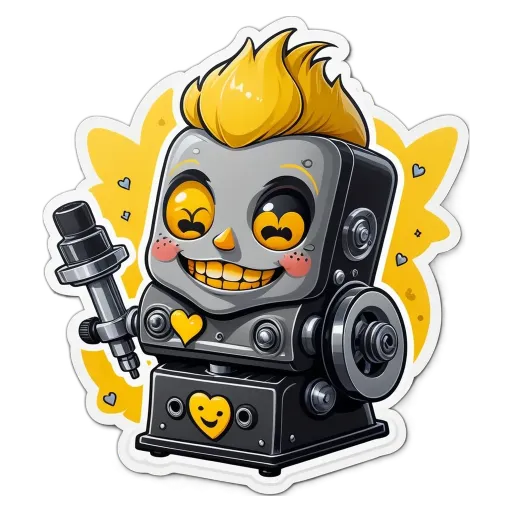 A sticker of a robot with a microphone and a heart.