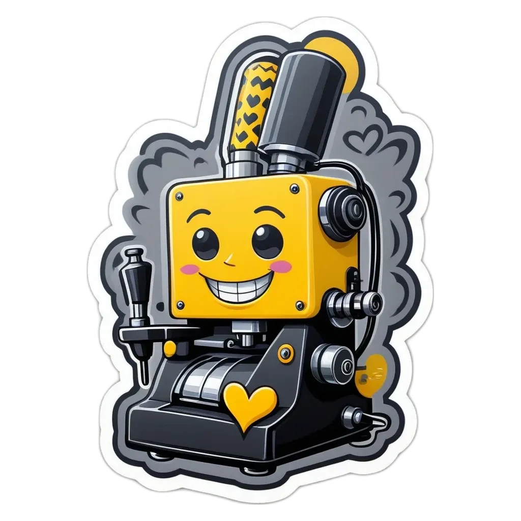 A yellow robot with a black heart and gray body is smiling.