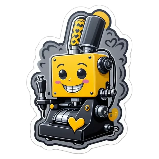 A yellow robot with a black heart and gray body is smiling.